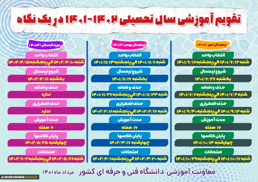 تقویم آموزشی سال تحصیلی 1402-1401 دانشگاه فنی 2